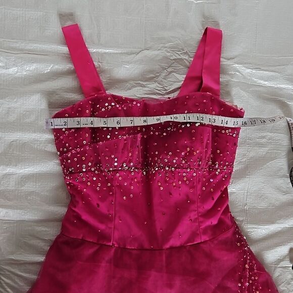Le Gala By Mon Cheri Ladies Ball Gown With Layered, Sequence & Beaded Hot Pink 6 - Picture 7 of 16